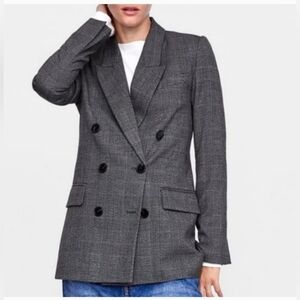 ZARA Gray Plaid Double-Breasted Blazer Sz XS